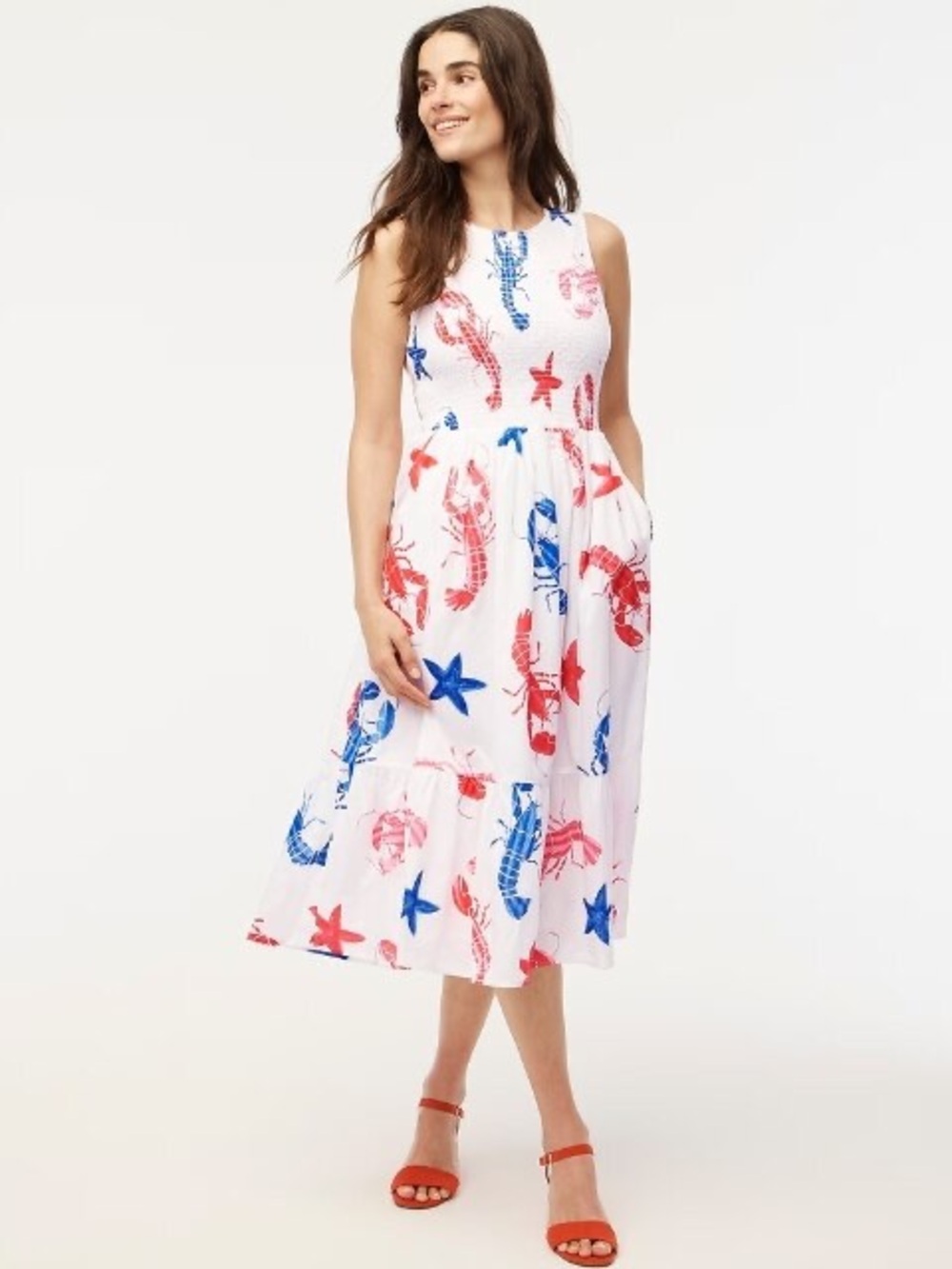 J. Crew White Dress with Red & Blue Lobster Print
